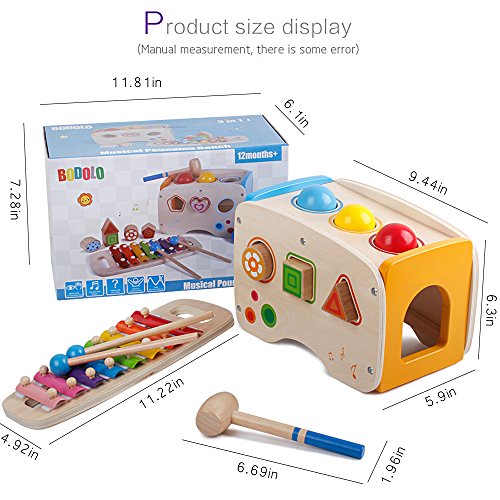 image for bodolo 3 in 1 Wooden Educational Set Pounding Bench Toys with Slide Ou