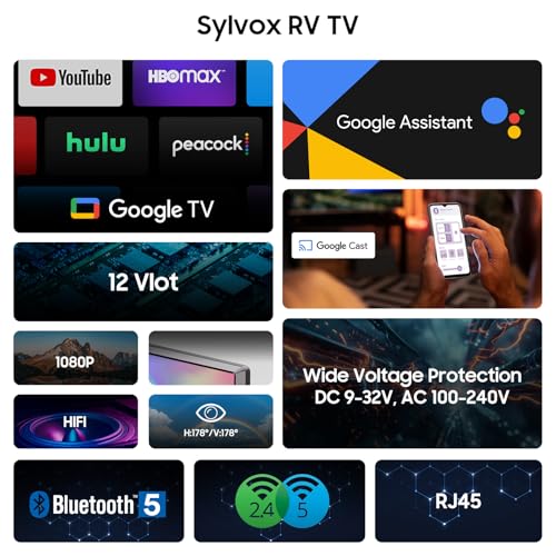 SYLVOX Smart Google TV 24" (60cm) for Camper | 1080P | Integrated DVD Player, 12 Volt Televisions Adapter, Triple Tuner DVB-T2/S2, USB, HDMI, Ideal for Caravans, Trucks
