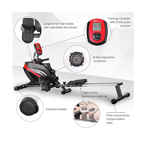 sportplus-Rowing-Machine-Computer-with-5-kHz-Pulse-Receiver-up-to-150-kg-User-Weight-Foldable-Tested-in-Accordance-with-EN-ISO-20957-1EN-957-7 SportPlus Rowing Machine for Home Use, Foldable, Magnetic Resistance with 8 Levels, Computer and Pulse Receiver, max…