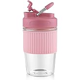 Sivaphe Reusable Glass Ice Hot Coffee Cup 16 oz, Portable Travel Mug with Spill-Proof Lid and Thermal Sleeve for Home Office Pink