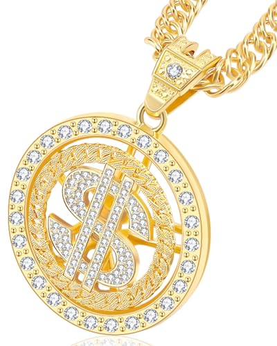 PinCute 18K Gold Plated Dollar Chain Necklace, Fake Gold Chain for Men, Dollar Sign Hip Hop Chain Necklace Pendant for Men and Women
