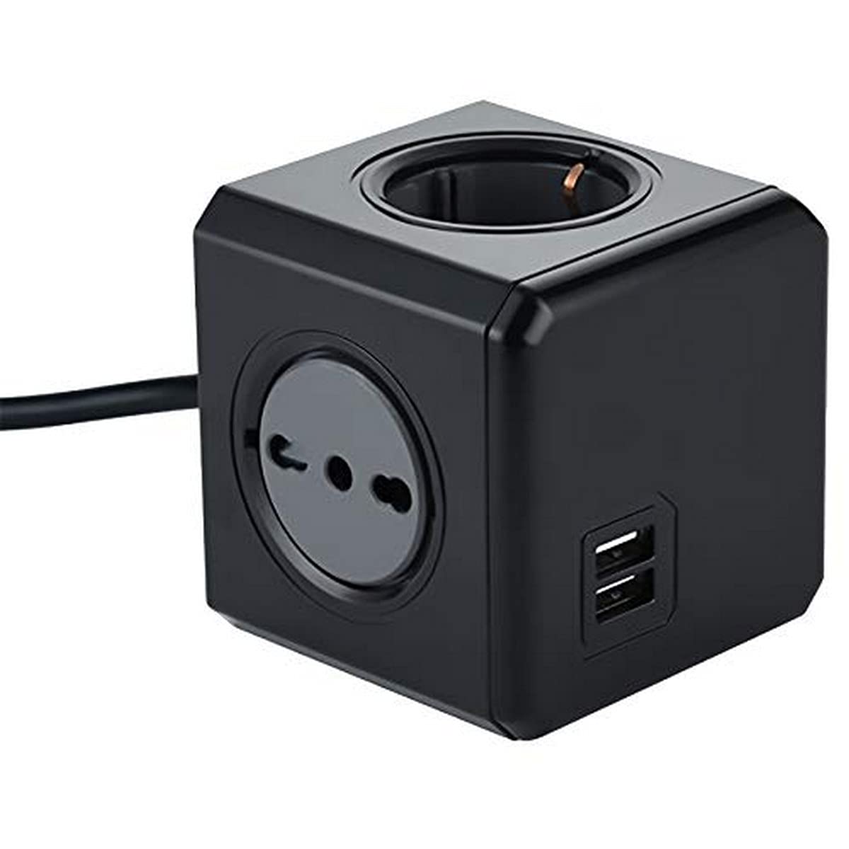 Electraline 62099 Powercube 4 Way Multisocket with 2 USB 2.1A, 2 Schuko + Italian Plug, 2 Bivalenti 10/16 Italian, Black, 1.5 m Cable