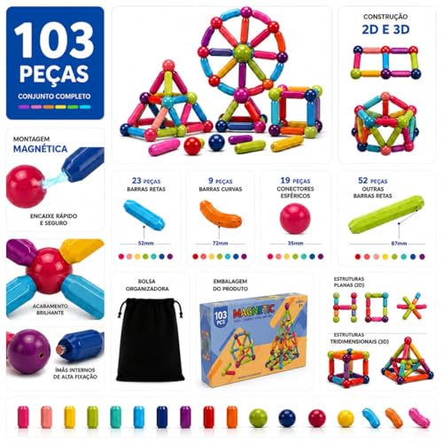 Blocos de Montar Magnéticos 64 Peças Construção 2D 3D Brinquedo Educativo Infantil Criatividade STEM Ímã Resistente Caixa
