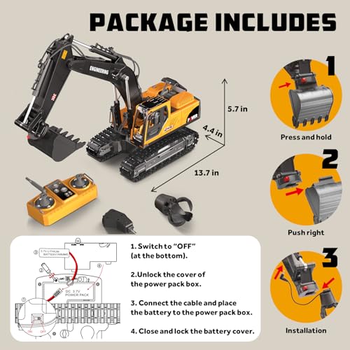 GraceDuck RC Excavator Toy 3 in 1 Remote Control 2.4GHz - Beach and Construction Toys with Alloy Shovel, Crusher and Claw, 680° Spin, Construction Vehicle for Kids Ages 6-12