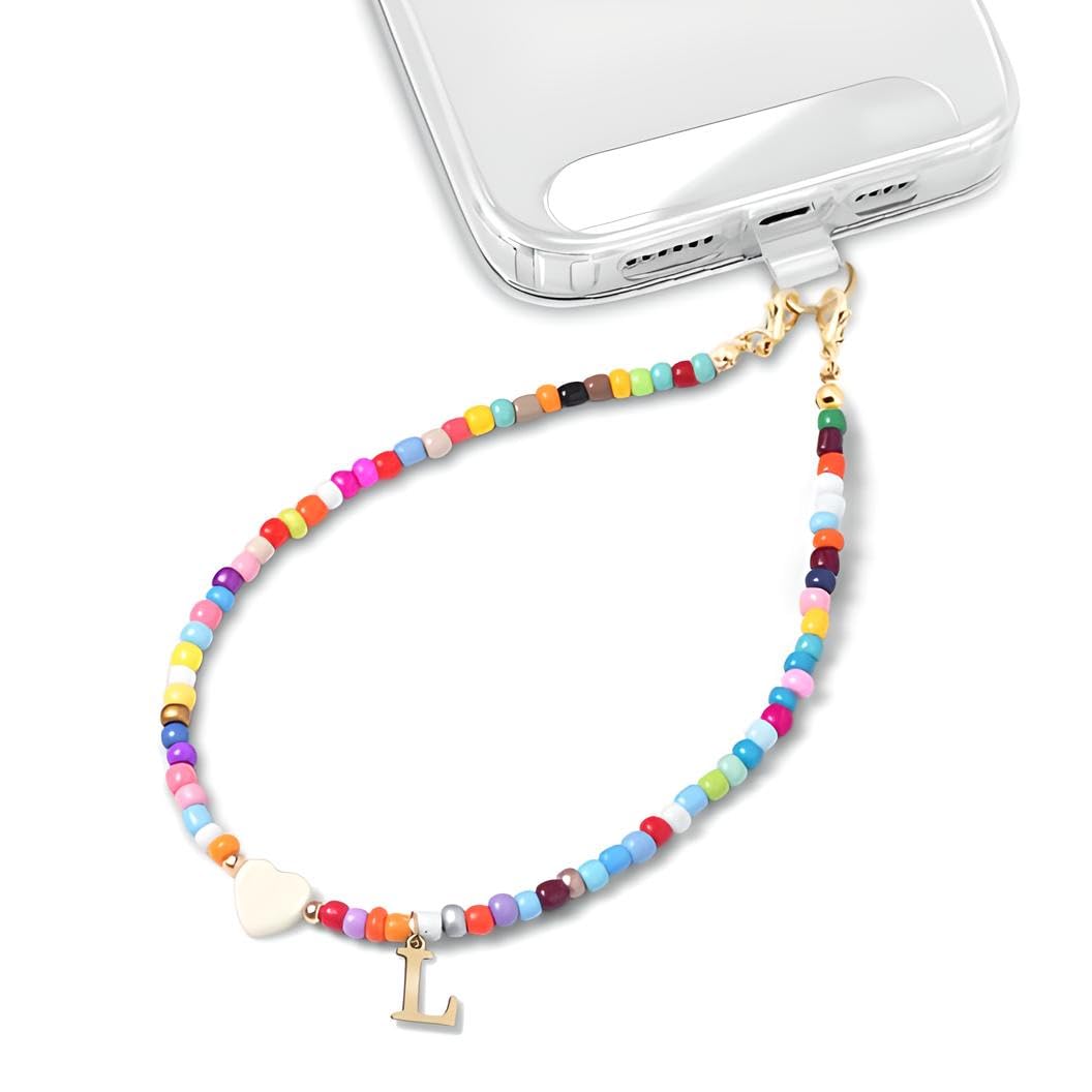 MyfavoriteK Personalized Colorful Initial Letter Phone Charm for Girls Beaded Cellphone Chain Wrist Strap for Women Sea Shell Heart Bead Phone Lanyard (l)