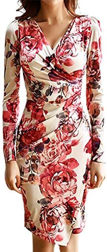 [ピオニーポップ] Vネック 長袖 カシュクール風 花柄 ひざ丈 プリント タイト ワンピース ドレス レディース