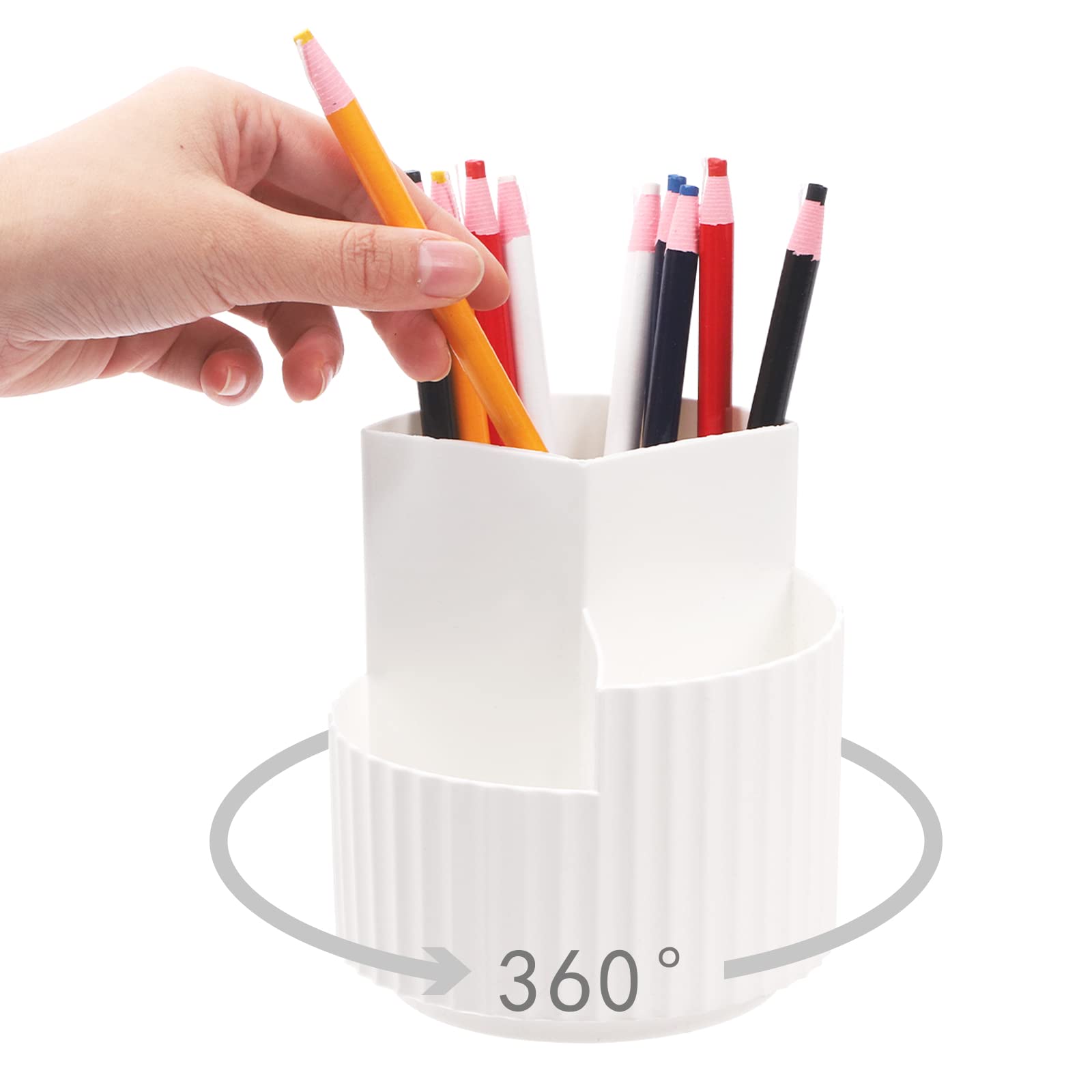 Tanstic 1Pc White Rotating Pen Holder, 360-Degree 3 Divided Slots Spinning Pencil Pen Desk Organizers Pencil Holders Desktop Stationary Organizer for School Office
