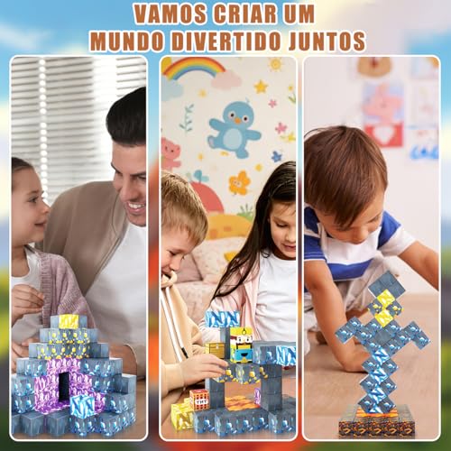 Blocos Magnéticos Infantil 72 Peças para Montar – Tema Mina de Ouro, Cubos Magnéticos Educativos de Construção, Brinquedo de Encaixe Estimulante para Crianças +3 Anos