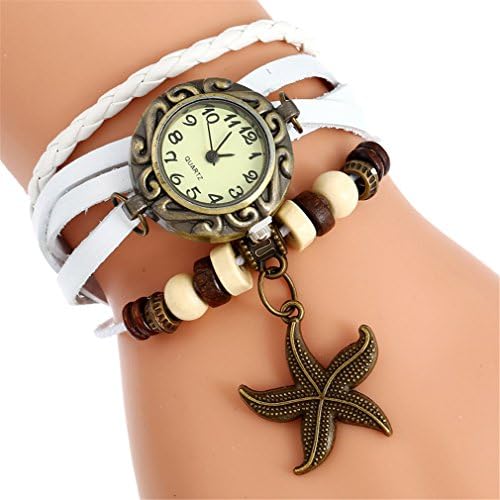 Ethnic Bracelet Watch Sea Star Charm Vintage Genuine Leather Wristwatch White