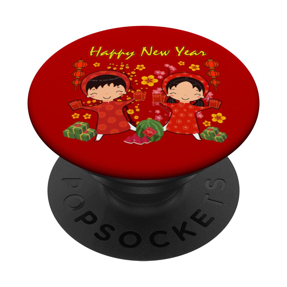 Kids Lunar New Year Cute Boy Girl Ao Dai Chuc Mung Nam Moi PopSockets Swappable PopGrip