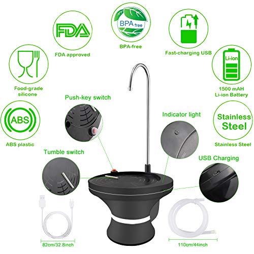 Mother's Day Black Water Bottle Dispenser Pump Automatic Electric Drinking Water Jug Pump for 1-5 Gallon Jug- USB Rechargeable Li-ion - Ultra-Hygienic BPA-Free Water Kettle Dispenser Portable for Home,Kitchen,Outdoor Camping