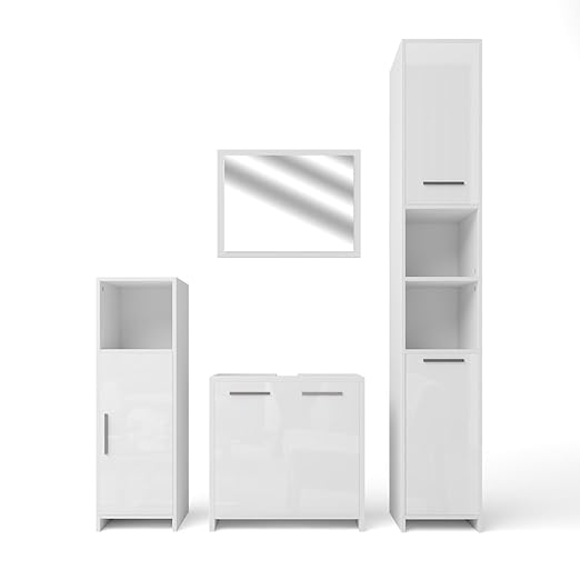 VICCO Badmöbel Set KIKO Weiß Hochglanz / Grau Beton - Badspiegel + Unterschrank + Bad Hochschrank + Bad Midischrank (Weiß Hoc