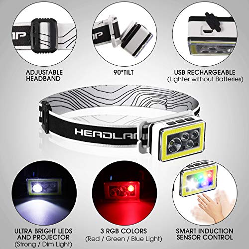 USB Rechargeable Headlamp Flashlight, 4 Colors 10 Modes Lightweight LED Headlights with Hand Induction Sensor IP45 Waterproof for Outdoor Reading Running Camping Hiking Cycling Fishing Hard Hat Helmet