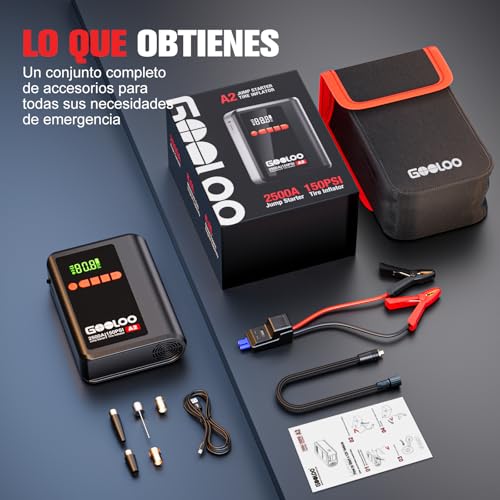 GOOLOO Arrancador de batería A2 8 en 1 con compresor de Aire, 2500 A (hasta 8 L de Gasolina/6 L de diésel), inflador de neumáticos inalámbrico de 150 PSI con Apagado automático
