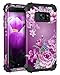 LONTECT Compatible Galaxy S7 Case Floral 3 in 1 Heavy Duty Hybrid Sturdy High Impact Shockproof Protective Cover Case for Samsung Galaxy S7, Black/Purple Flower