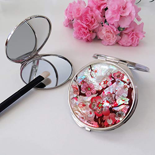 Pink-Makeup-Mirror-Mother-of-Pearl-Metal-Dual-Compact-Folding-Magnify-Apricot-Tree-Flowers-Design