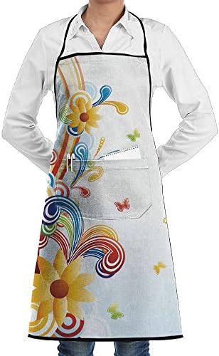 Grill Aprons Kitchen Chef Bib - SarahKen Funky Vertical Wave Pattern Butterfly Happiness Amusing Vintage Style Art Professional For BBQ Baking Cooking For Men Women Pockets