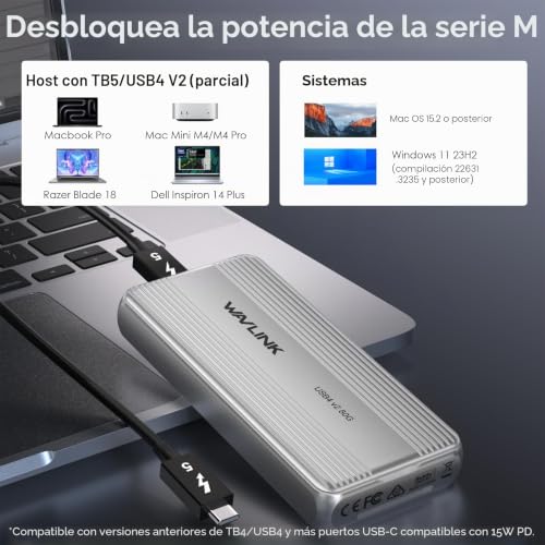 WAVLINK M.2 NVMe SSD Enclosure 80Gbps Cooling Fan Thunderbolt5/USB4 V2.0 Key B+M/M-Key NVMe 2280 SSD Mac M4 Pro