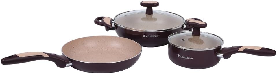 Wonderchef Burlington Aluminum Nonstick Cookware Set 5 Piece Set | Sauce Pan, Wok, Fry Pan | Maroon/Beige
