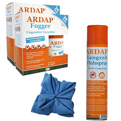 ARDAP Set 1 x 400 ml Flohspray + 4 x 100 ml Fogger gegen Flöhe + Microfasertuch