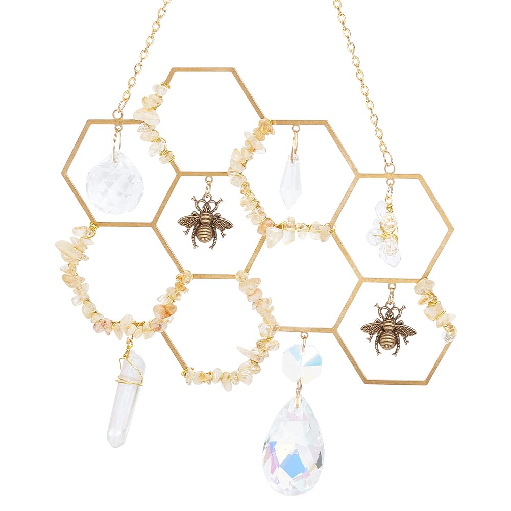 DELORIGIN Honeycomb Bee Suncatcher Brass Crystals Window Hanging Bumble Prism Hive Catcher Crystals Pendant Balls Ornament for Window Home Indoor Outdoor Garden Christmas Day Party Wedding Decoration