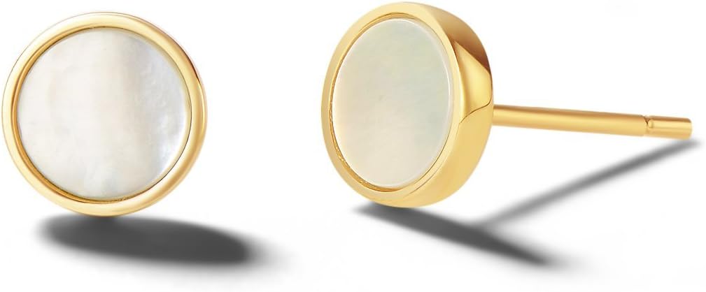 Carleen 14K Solid Real Gold Dainty Tiny Dot Statement Mother of Pearl 6mm Disc Simple Round Small Mini Little Earrings Delicate Fine Jewelry Stud Earrings for Women Girls