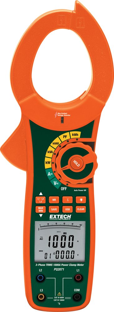 Extech PQ2071-1000A Pinza amperimétrica de potencia RMS real monofásica/trifásica: corriente CA, voltaje, frecuencia, mediciones de potencia (kW, kVA, kVAR, kWh), factor de potencia y fase, registro de datos con USB