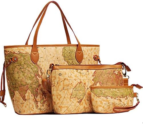 Sugawin Women's Triple Reto Style World Map Faux Leather Handbag Shoulder Bag Purse Tote