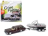 Johnny Lightning JLBT004A-1973CHEVROLET-BURGUNDY 1973 Chevrolet Caprice Station Wagon Dark Red Poly with Malibu Boat Gone Fishing 1/64 Diecast Model Car