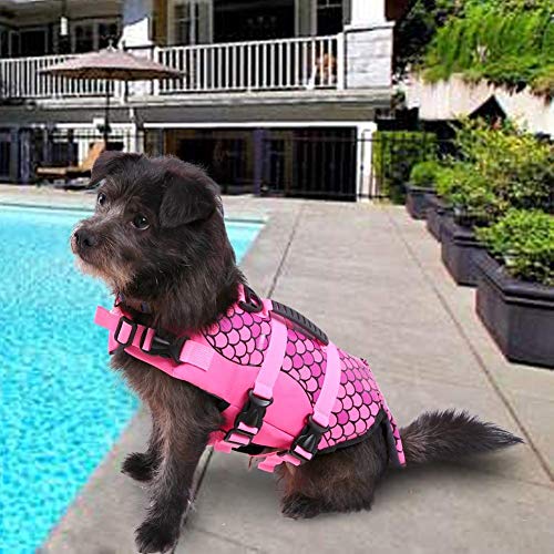 Queenmore Ripstop Medium Dog Life Jacket Fish Style Floatation Vest with Adjustable Soft Rubber Handle Pink Fish,M