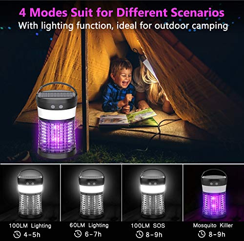 Mosquito Bug Zapper Outdoor, Aukfa Solar Mosquito Killer Lamp Insect Killer and Rechargeable Electric Fly Insect Trap with 3 Lighting Function Waterproof Portable Mosquito Trap for Indoor Camping