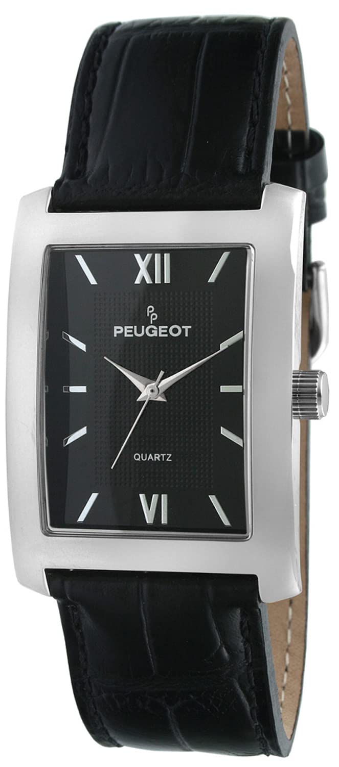 Peugeot Men's Rectangular Textured Roman Numeral Dial Classic Dress Wrist Watch with Leather Strap Band, Black, M, Dress Watches