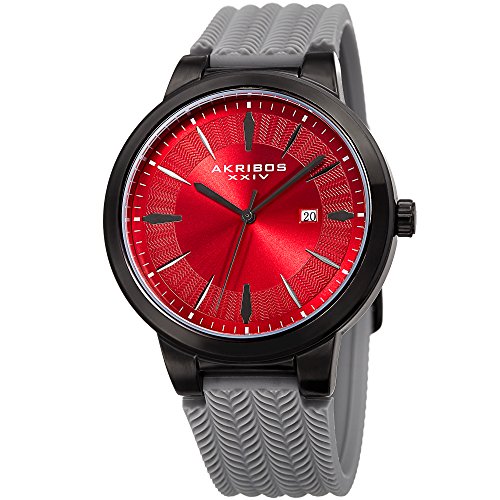 Akribos XXIV AK1007 Men's Quartz Tire Tread Design Silicone Strap Watch (Black, Red & Grey)