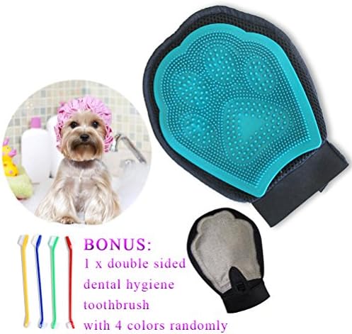 Sweet Puppy Pet Dog Cat Grooming Glove Brush 2 in 1 Pet Massage Shower Glove Shedding Brush Pet Mitt with Free Pet Toothbrush(001B)