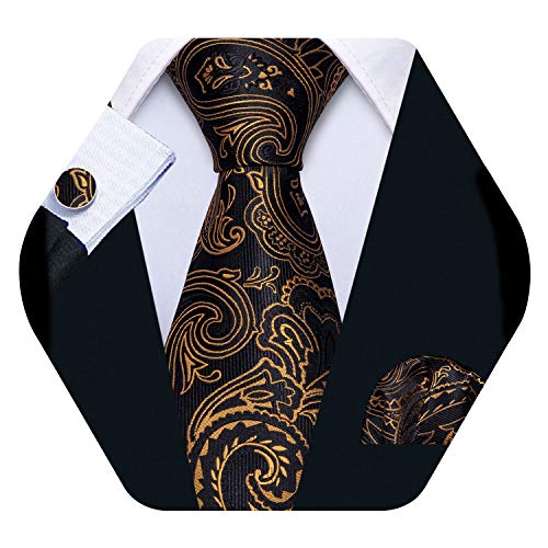 Barry.Wang Black Bronze Tie for Men Paisley Silk Necktie Pocket Square Cufflinks Set Formal Wedding Party Business - Thumbnail 7