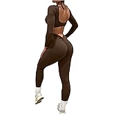 WDIRARA Women's Backless Workout Jumpsuit Long Sleeve Scrunch One Piece Yoga Unitard Pants Romper