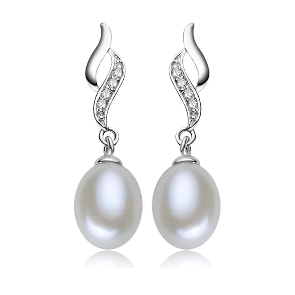 YAXUN 925 Sterling Silver Pearl Earrings For Women wtih 5A Cubic Zirconia Diamonds - AAA Natural Freshwater 9mm Pearl Drop Dangle Earrings Fashion Jewellery Gifts