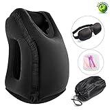 Inflatable Travel Pillow,Flight Sleep Pillow, Portable Air Travel Set with Ear Plugs, Eye Mask, Multifunctional Neck Rest Pillow for Airplanes,Cars, Buses, Trains, Office Napping (Black)