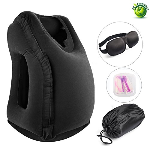 Inflatable Travel Pillow,Flight Sleep Pillow, Portable Air Travel Set with Ear Plugs, Eye Mask, Multifunctional Neck Rest Pillow for Airplanes,Cars, Buses, Trains, Office Napping (Black)