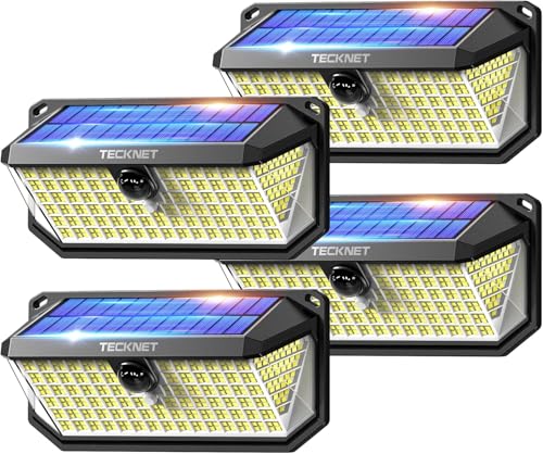 TECKNET 4 x Outdoor LED Solar Light 416 LED Spotlight with Motion Sensor, 300° IP66 Waterproof Outdoor Solar Lamp, 3 Modes for Garden, Patio and Garage