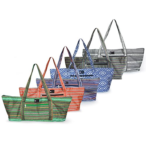 Aurorae Yoga Tote Bag, Extra Wide to Fit Most Yoga Mats and Accessories, in a Geometric Blue Coated Woven Pattern
