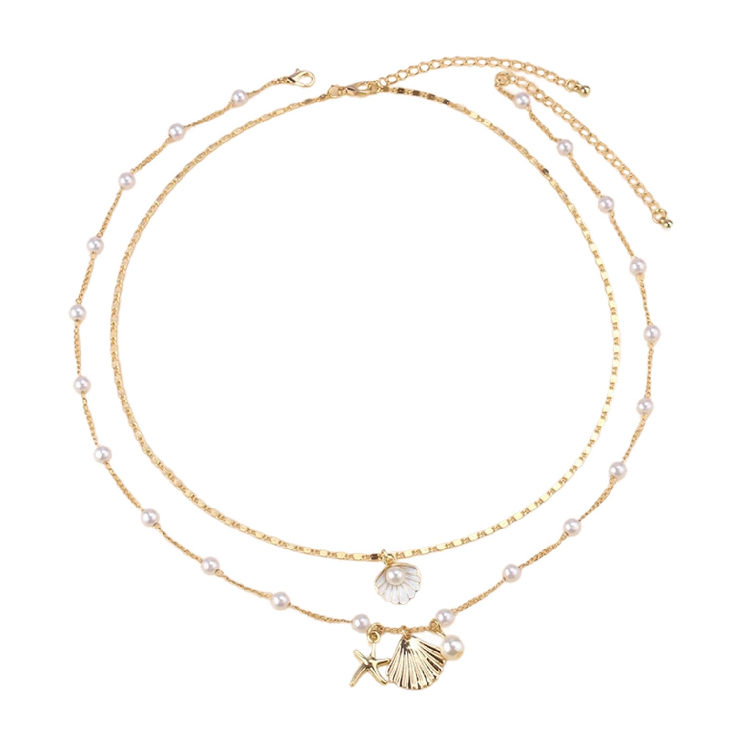Shell Necklace Chain Bohemian Puka Starfish Imitation Pearl Layered Necklaces Set Ocean Style Alloy Metal Beach Necklace Woman Summer Holiday Surfer Seashell Necklaces Jewelry Long Chain (White)
