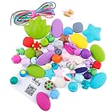 Baby love home 50pcs Original Silicone Chew Bead Crafting Set Assorted Colors Shape&Sizes,Includes Nylon Rope & Clasps,DIY Teether Necklaces and Bracelets Starter Kit Baby Jewelry DIY Kit