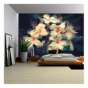 Painting Showing Beautiful White Flowers in Dark Background - Removable Wall Mural | Self-Adhesive Large Wallpaper - 66x96 inches