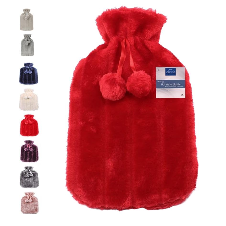 VIROSA Luxury Hot Water Bottle with Soft Faux Fur Cover & Pom Poms – 2 Litre Large Leakproof Rubber Bottle for Neck, Shoulder, Back Pain Relief & Hand and Feet Warmer (Red)