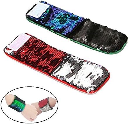 Fengheshun 2Pcs Reversible Sequin Mermaid Bracelet,Two Colors Change Wristband Bracelets for Kids,Teen and Lover.Best Gift for Birthday,Children's Day, Party. (Red Silver+Black Green)