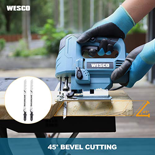 Jigsaw, WESCO 4.5 Amp Electric Jig Saw 0-3000 SPM Variable Speed, 4 Orbital Sets, ±45°Bevel Cutting Angle,Adjustable Aluminum Base, 10PCS Blades for Metal PVC Ceramic Wood Cutting/WS3770U