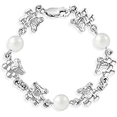In Season Jewelry 925 Sterling Silver 4.5" Teddy Bear & Simulated Pearl Bracelet for Baby Girls & Toddlers - Cute Small Bears Charm Bracelet for Little Girls - Fun & Safe Baby Bracelet