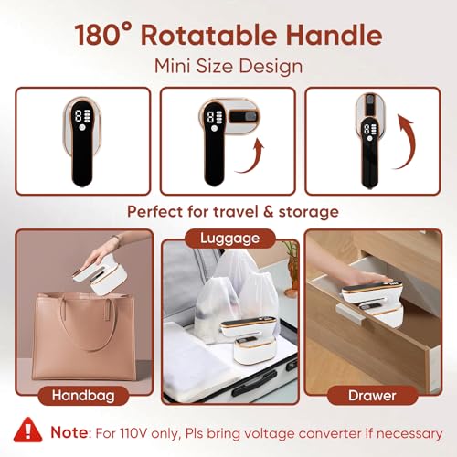 Upgraded - Portable Steamer for Clothes - LED Display & 3+1 Level Steam, Foldable Compact Mini Iron, Small Handheld Iron with Ironing Gloves, College Essential, White(Only for 110V, Such as Canada/US)