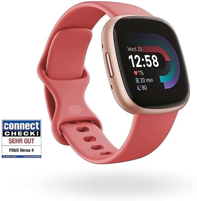 Google Versa 4 Smartwatch Fitness Tracker enthält eine 3 monatige Google Health Premium Mitgliedschaft, 6 Tage Akkulaufzeit – Kompatibel mit Android/iOS, Sandrosa/Aluminium in Kupferrosé